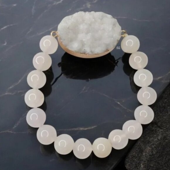 White Onyx & Druzy Quartz Beaded Stretch Bracelet 7", 8mm Natural Stone Beads - Picture 11 of 12